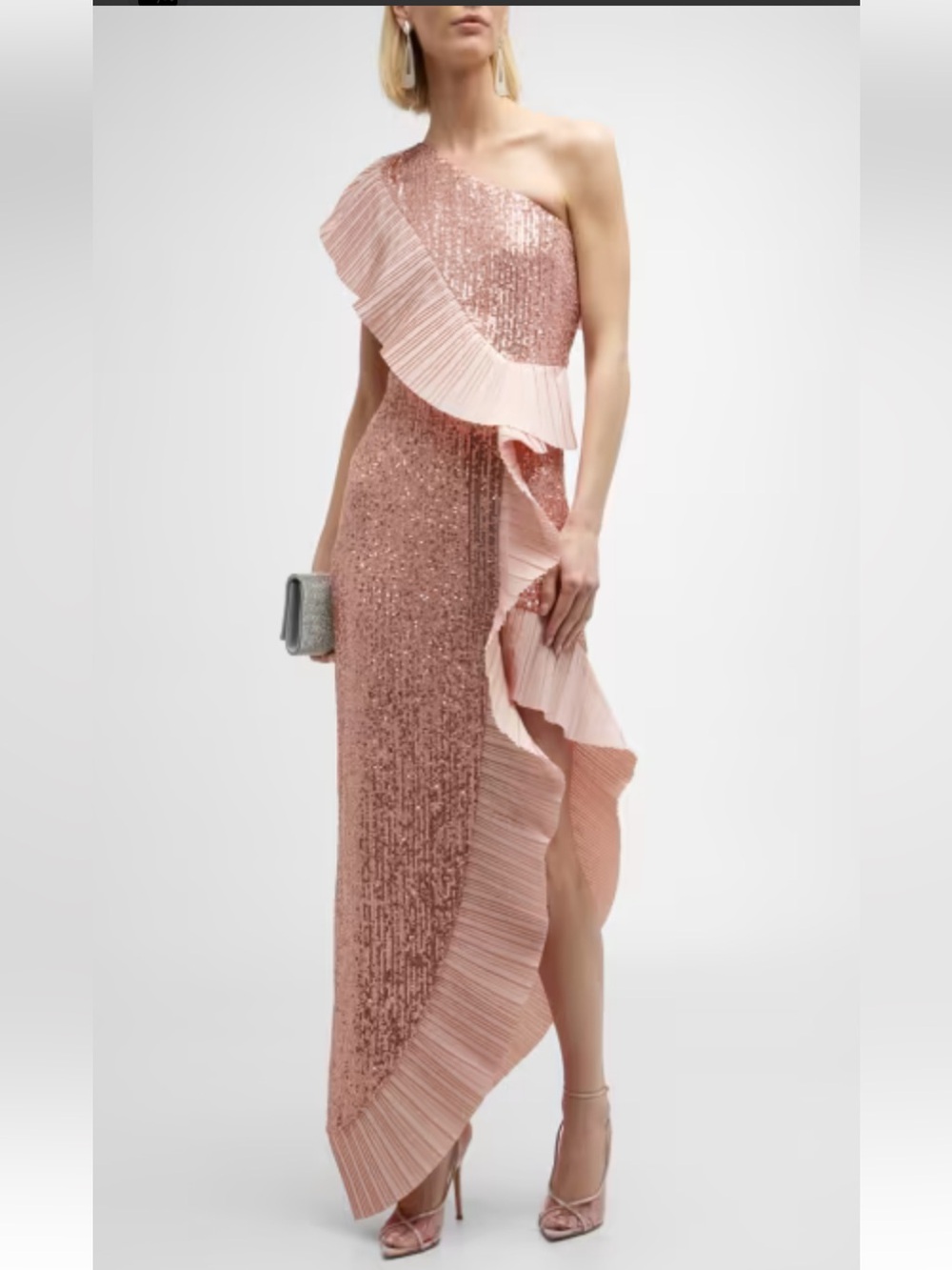 ONE 33 SOCIAL Blush Pink One-Shoulder Sequin Ruffle Gown